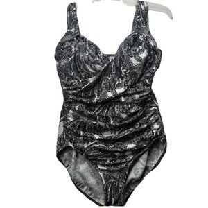 Lands End One Piece Paisley Floral Black White Side Rushing Swimsuit 12 Wireless